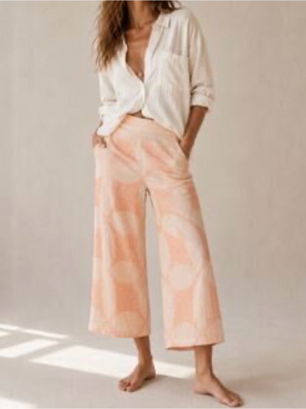 Joie Pants Size Large Linen Wide Leg Cropped Pull On Pockets Floral Peach